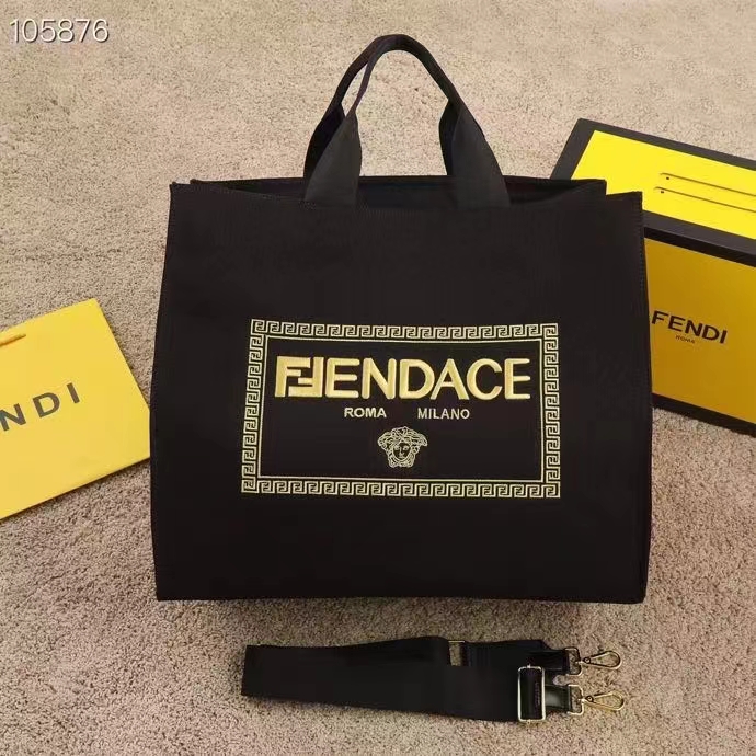 Fendi Women FF Small Shopping Bag Fendace Embroidered Black Canvas Logo Shopper