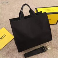 Fendi Women FF Small Shopping Bag Fendace Embroidered Black Canvas Logo Shopper (11)