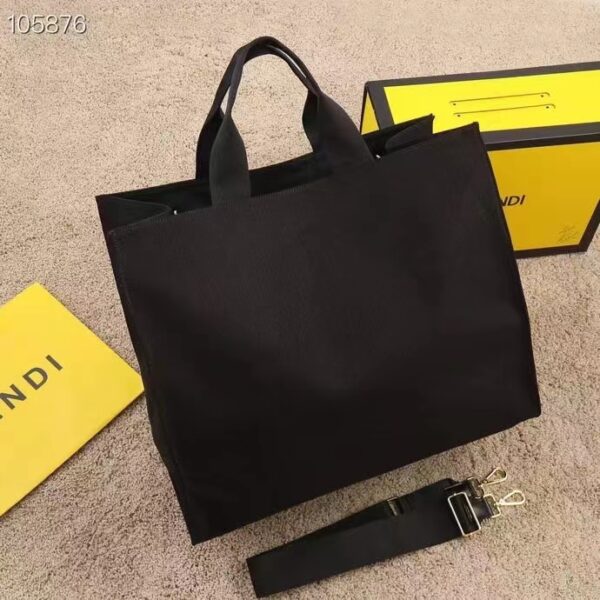 Fendi Women FF Small Shopping Bag Fendace Embroidered Black Canvas Logo Shopper (2)