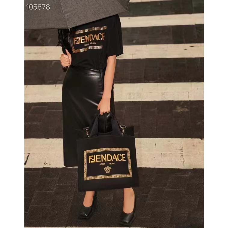 Fendi Women FF Small Shopping Bag Fendace Embroidered Black Canvas Logo Shopper