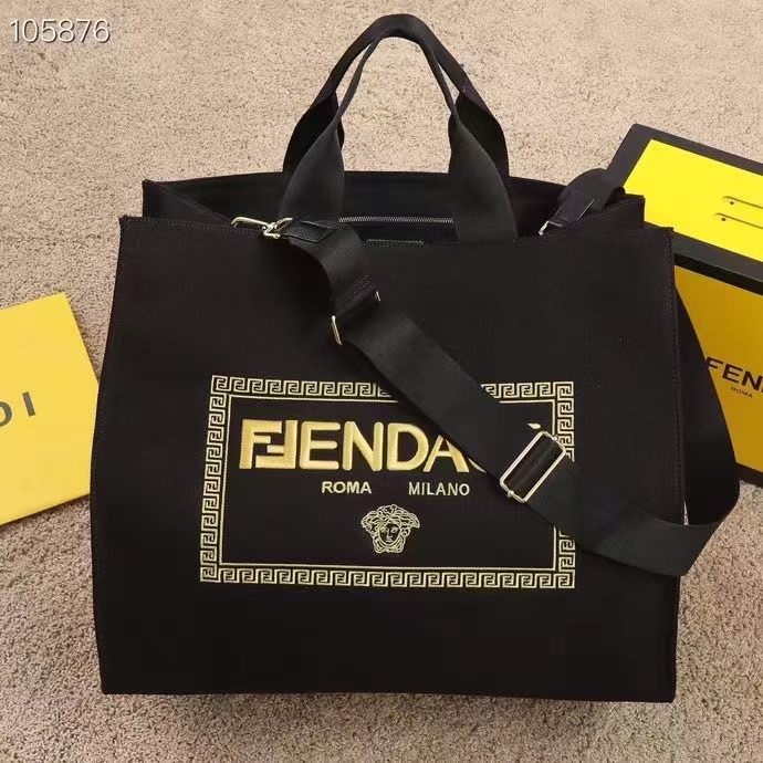 Fendi Women FF Small Shopping Bag Fendace Embroidered Black Canvas Logo Shopper