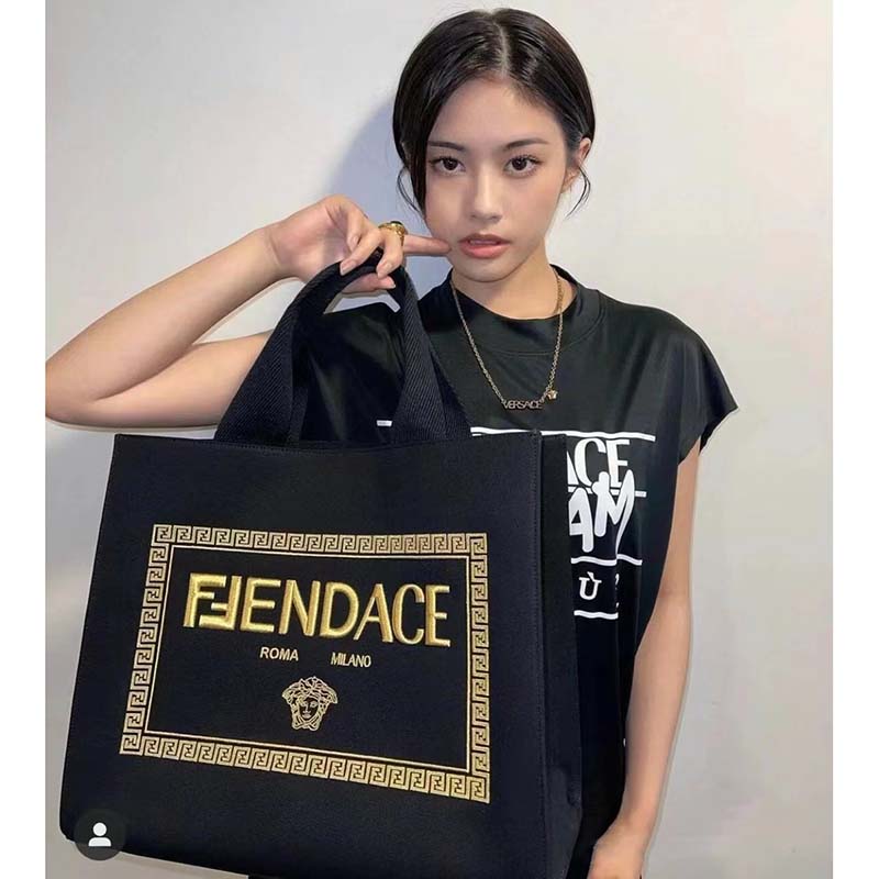 Fendi Women FF Small Shopping Bag Fendace Embroidered Black Canvas Logo Shopper