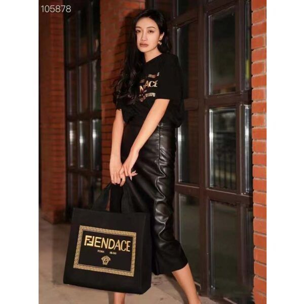 Fendi Women FF Small Shopping Bag Fendace Embroidered Black Canvas Logo Shopper (8)