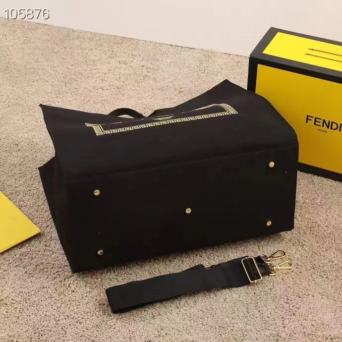Fendi Women FF Small Shopping Bag Fendace Embroidered Black Canvas Logo Shopper