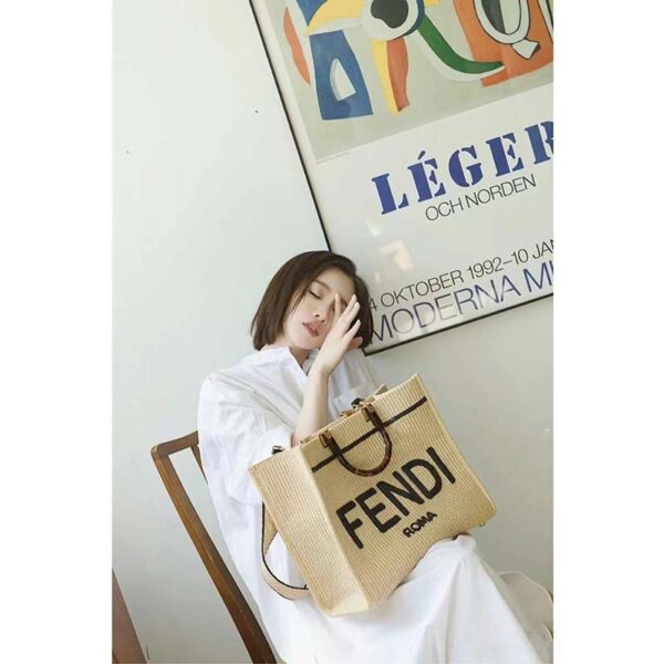 Fendi Women Sunshine Medium Beige Black Straw Shopper (1)
