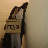 Fendi Women Sunshine Medium Beige Black Straw Shopper (7)
