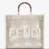 Fendi Women Sunshine Medium White Two-Toned Perforated Leather Shopper