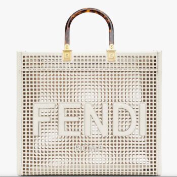 Fendi Women Sunshine Medium White Two-Toned Perforated Leather Shopper