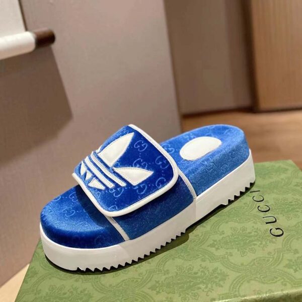 Gucci Unisex Adidas x Gucci GG Platform Sandal Blue GG Cotton Sponge (8)