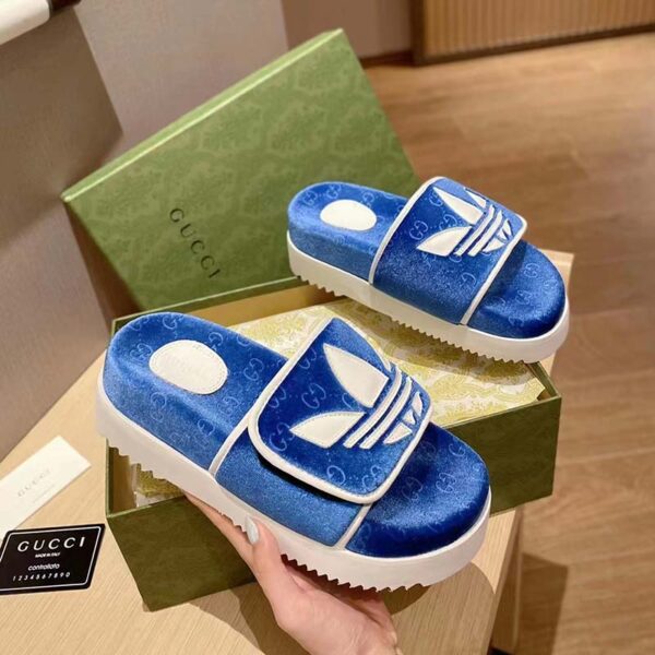Gucci Unisex Adidas x Gucci GG Platform Sandal Blue GG Cotton Sponge (9)