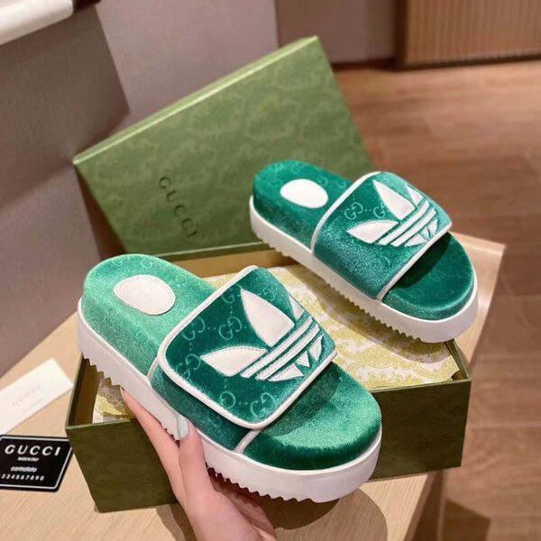 Gucci Unisex Adidas x Gucci GG Platform Sandal Green GG Cotton Sponge (5)