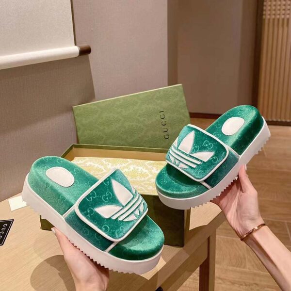 Gucci Unisex Adidas x Gucci GG Platform Sandal Green GG Cotton Sponge (9)