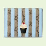 Gucci Unisex Card Case Wallet Enamel Ice Cream Blue Stripe Print Beige Ebony GG Supreme Canvas