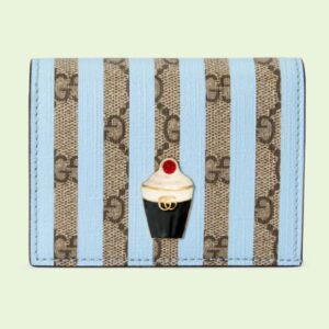 Gucci Unisex Card Case Wallet Enamel Ice Cream Blue Stripe Print Beige Ebony GG Supreme Canvas