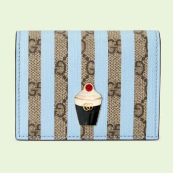 Gucci Unisex Card Case Wallet Enamel Ice Cream Blue Stripe Print Beige Ebony GG Supreme Canvas