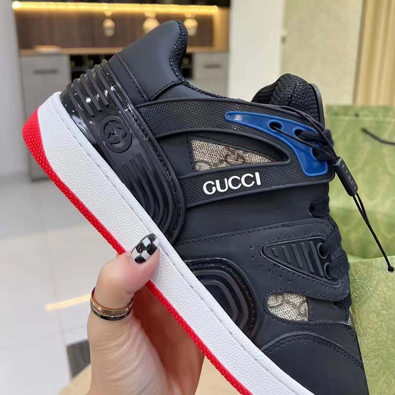 Gucci Unisex GG Basket Sneaker Interlocking G Black Beige Ebony GG Supreme Canvas