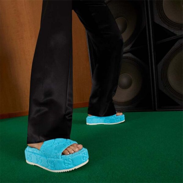 Gucci Unisex GG Platform Sandals Blue GG Cotton Sponge Rubber Sole 3 Cm Heel (11)