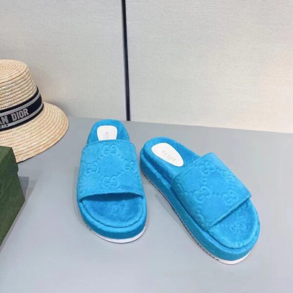 Gucci Unisex GG Platform Sandals Blue GG Cotton Sponge Rubber Sole 3 Cm Heel (2)