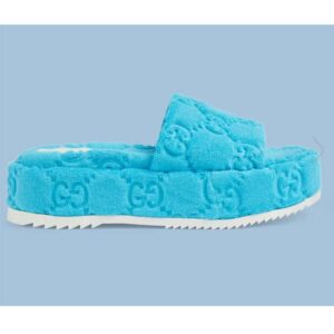 Gucci Unisex GG Platform Sandals Blue GG Cotton Sponge Rubber Sole 3 Cm Heel