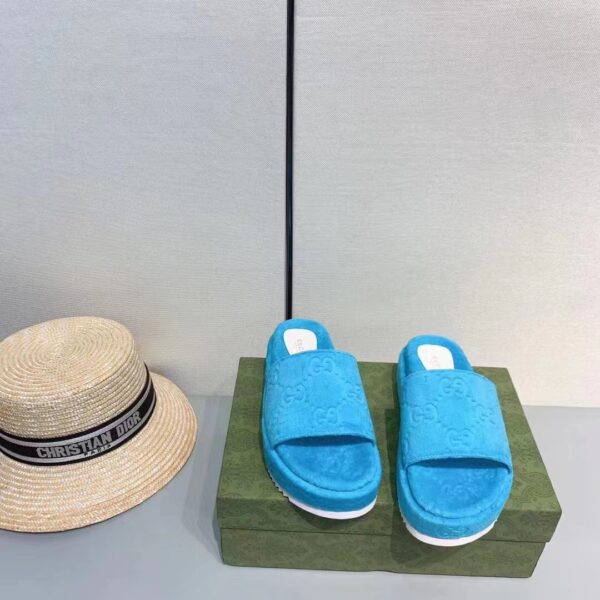 Gucci Unisex GG Platform Sandals Blue GG Cotton Sponge Rubber Sole 3 Cm Heel (4)