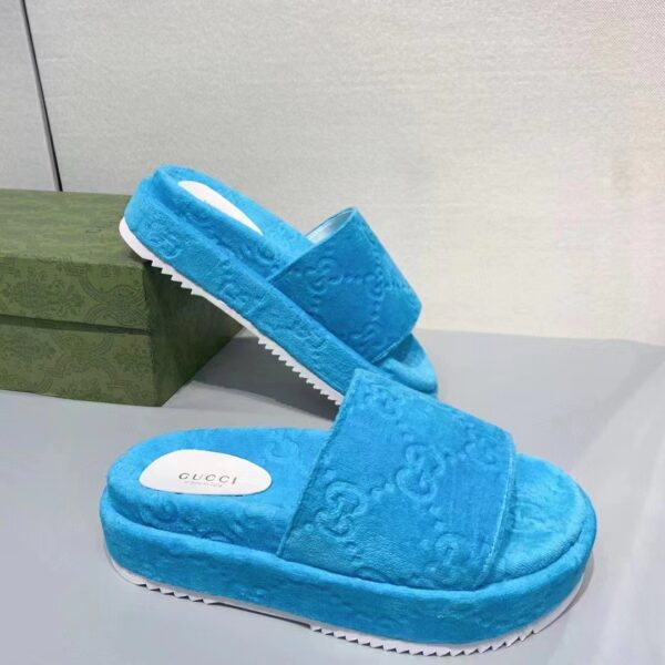 Gucci Unisex GG Platform Sandals Blue GG Cotton Sponge Rubber Sole 3 Cm Heel (5)