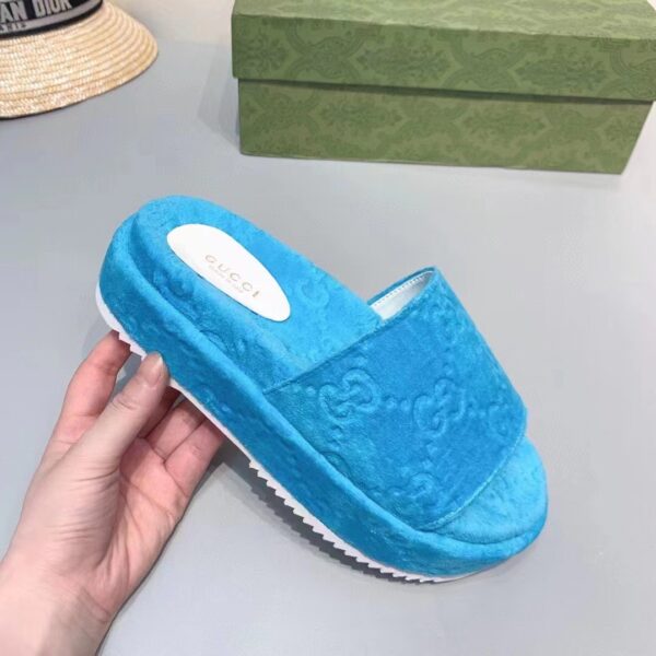 Gucci Unisex GG Platform Sandals Blue GG Cotton Sponge Rubber Sole 3 Cm Heel (7)