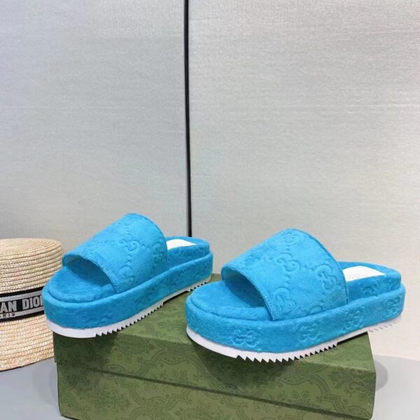 Gucci Unisex GG Platform Sandals Blue GG Cotton Sponge Rubber Sole 3 Cm Heel (9)