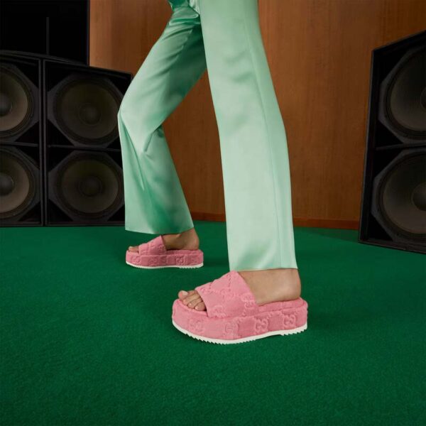 Gucci Unisex GG Platform Sandals Pink GG Cotton Sponge Rubber Sole 3 Cm Heel (10)