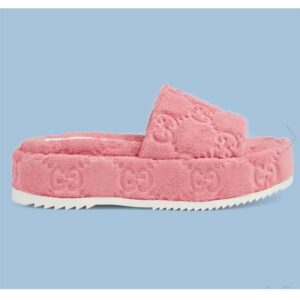 Gucci Unisex GG Platform Sandals Pink GG Cotton Sponge Rubber Sole 3 Cm Heel