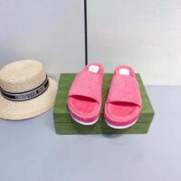 Gucci Unisex GG Platform Sandals Pink GG Cotton Sponge Rubber Sole 3 Cm Heel (3)