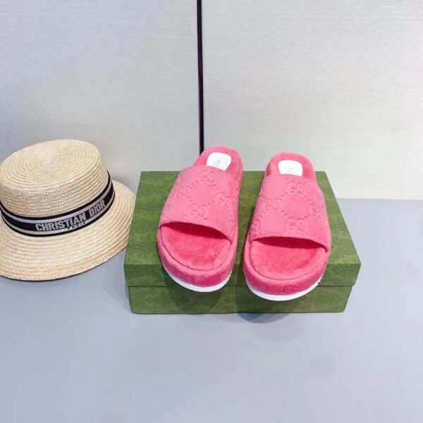 Gucci Unisex GG Platform Sandals Pink GG Cotton Sponge Rubber Sole 3 Cm Heel (4)