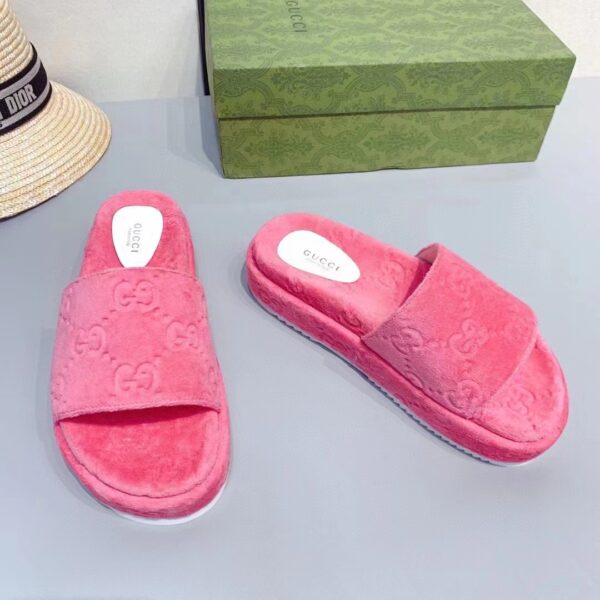 Gucci Unisex GG Platform Sandals Pink GG Cotton Sponge Rubber Sole 3 Cm Heel (5)