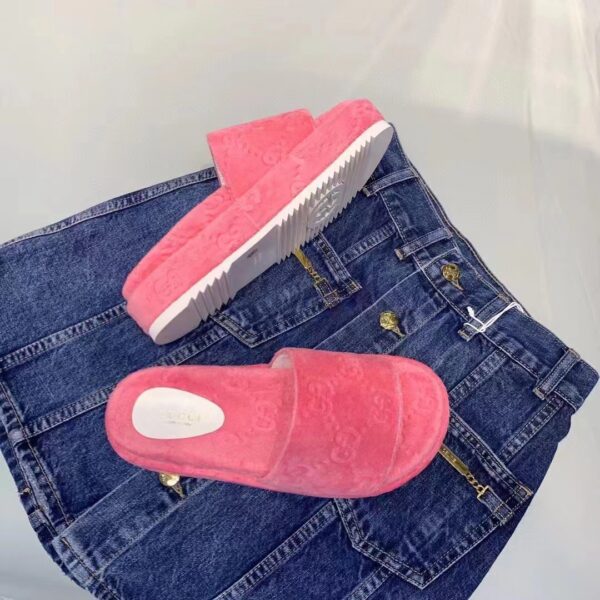 Gucci Unisex GG Platform Sandals Pink GG Cotton Sponge Rubber Sole 3 Cm Heel (7)