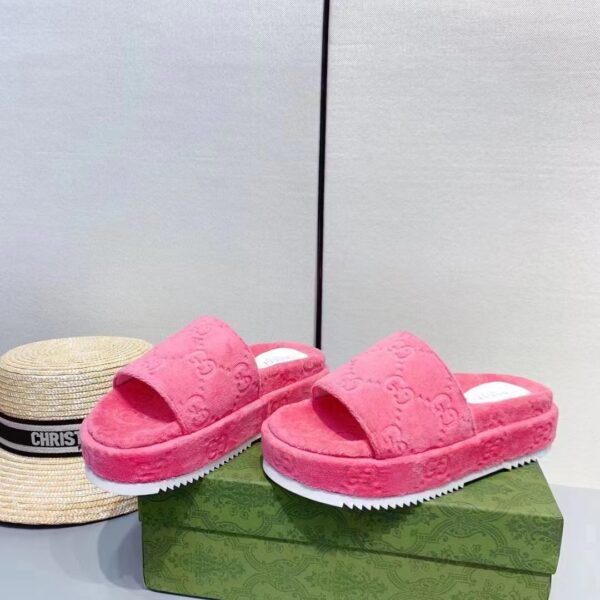 Gucci Unisex GG Platform Sandals Pink GG Cotton Sponge Rubber Sole 3 Cm Heel (8)