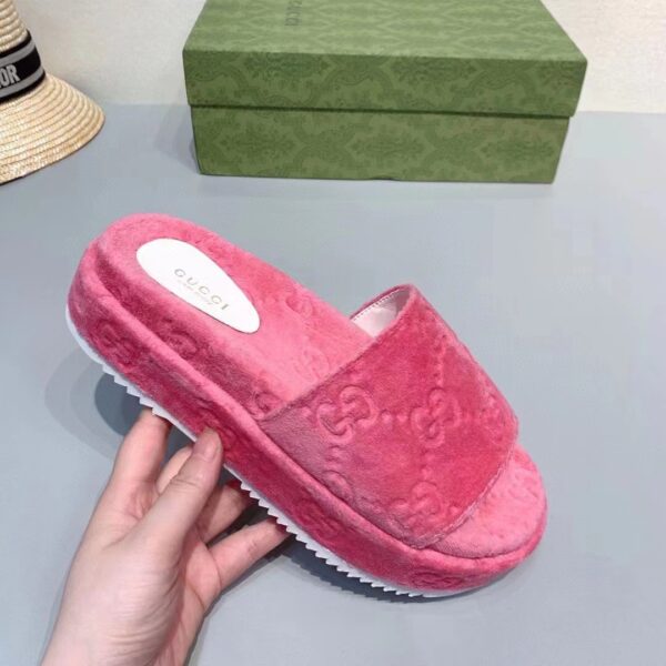 Gucci Unisex GG Platform Sandals Pink GG Cotton Sponge Rubber Sole 3 Cm Heel (9)