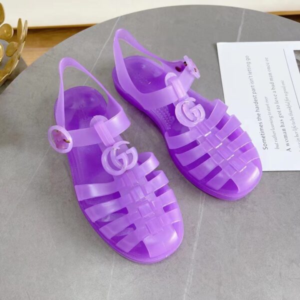 Gucci Unisex GG Sandal Double G Light Purple Rubber Sole Ankle Buckle Flat (5)