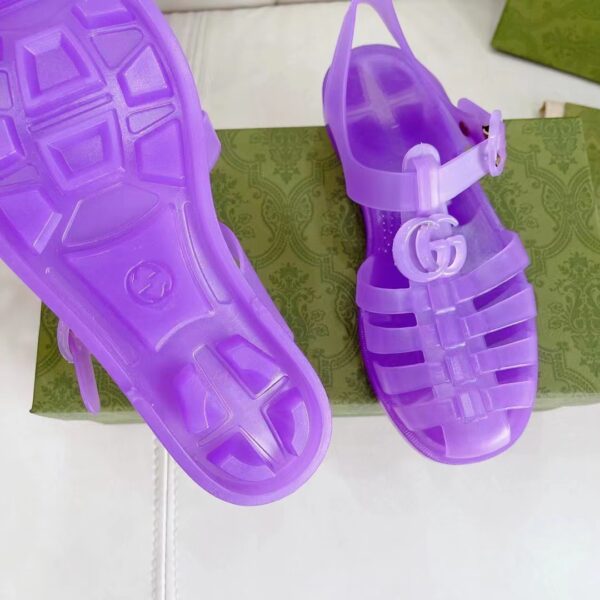Gucci Unisex GG Sandal Double G Light Purple Rubber Sole Ankle Buckle Flat (6)
