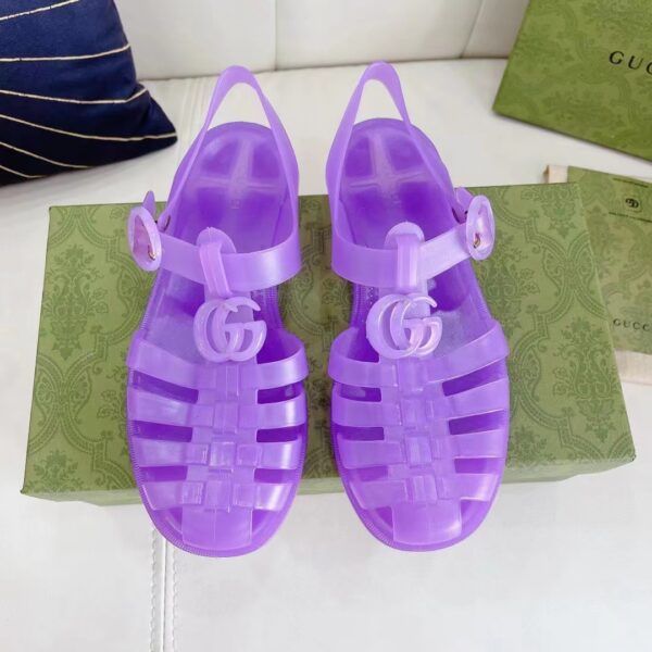Gucci Unisex GG Sandal Double G Light Purple Rubber Sole Ankle Buckle Flat (8)