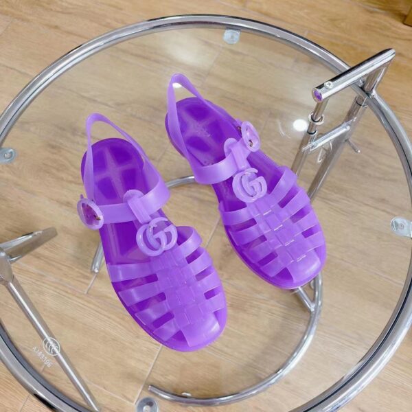 Gucci Unisex GG Sandal Double G Light Purple Rubber Sole Ankle Buckle Flat (9)