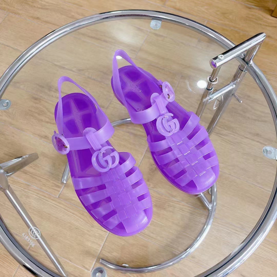 Gucci Unisex GG Sandal Double G Light Purple Rubber Sole Ankle Buckle Flat