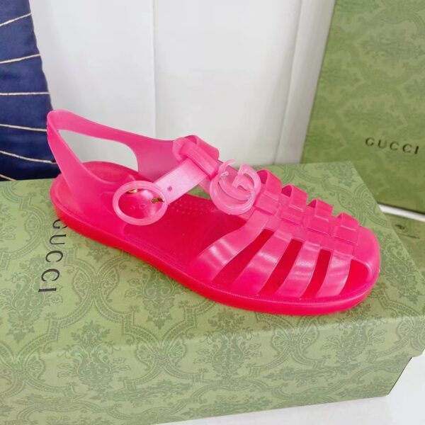 Gucci Unisex GG Sandal Double G Pink Transparent Rubber Sole Ankle Buckle Flat (10)