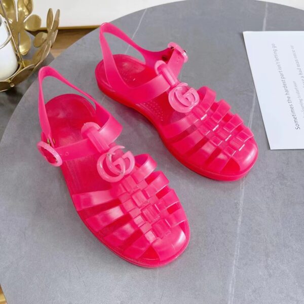 Gucci Unisex GG Sandal Double G Pink Transparent Rubber Sole Ankle Buckle Flat (11)