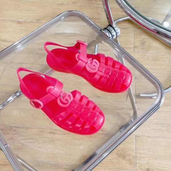 Gucci Unisex GG Sandal Double G Pink Transparent Rubber Sole Ankle Buckle Flat (3)