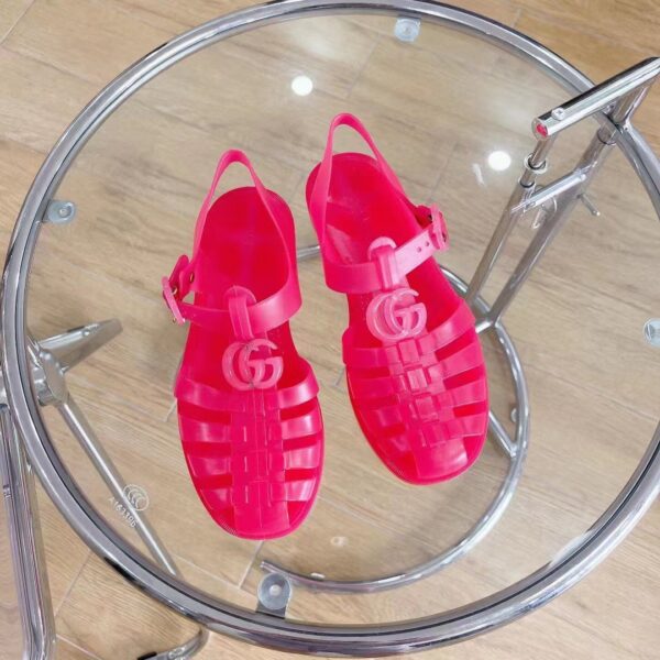 Gucci Unisex GG Sandal Double G Pink Transparent Rubber Sole Ankle Buckle Flat (5)