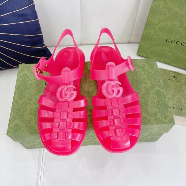 Gucci Unisex GG Sandal Double G Pink Transparent Rubber Sole Ankle Buckle Flat (6)