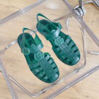 Gucci Unisex GG Sandal Double G Transparent Green Rubber Sole Ankle Buckle Flat (7)