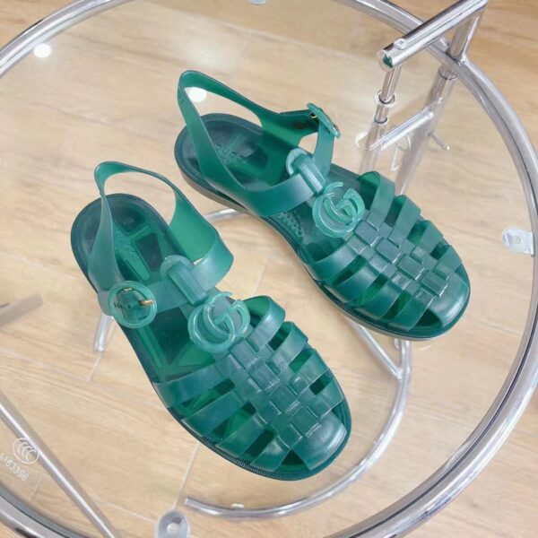 Gucci Unisex GG Sandal Double G Transparent Green Rubber Sole Ankle Buckle Flat (8)