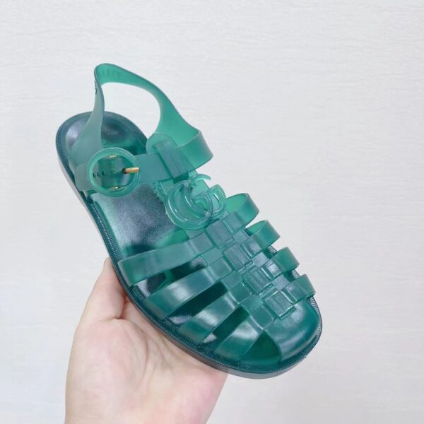 Gucci Unisex GG Sandal Double G Transparent Green Rubber Sole Ankle Buckle Flat (9)