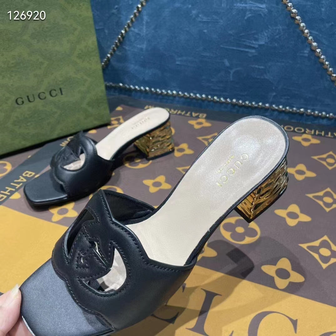 Gucci Women Interlocking G Cut-Out Sandal Black Leather Mid-Heel 5 cm Heel