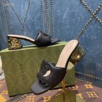 Gucci Unisex Interlocking G Cut-Out Sandal Black Leather Mid-Heel 5 cm Heel (1)